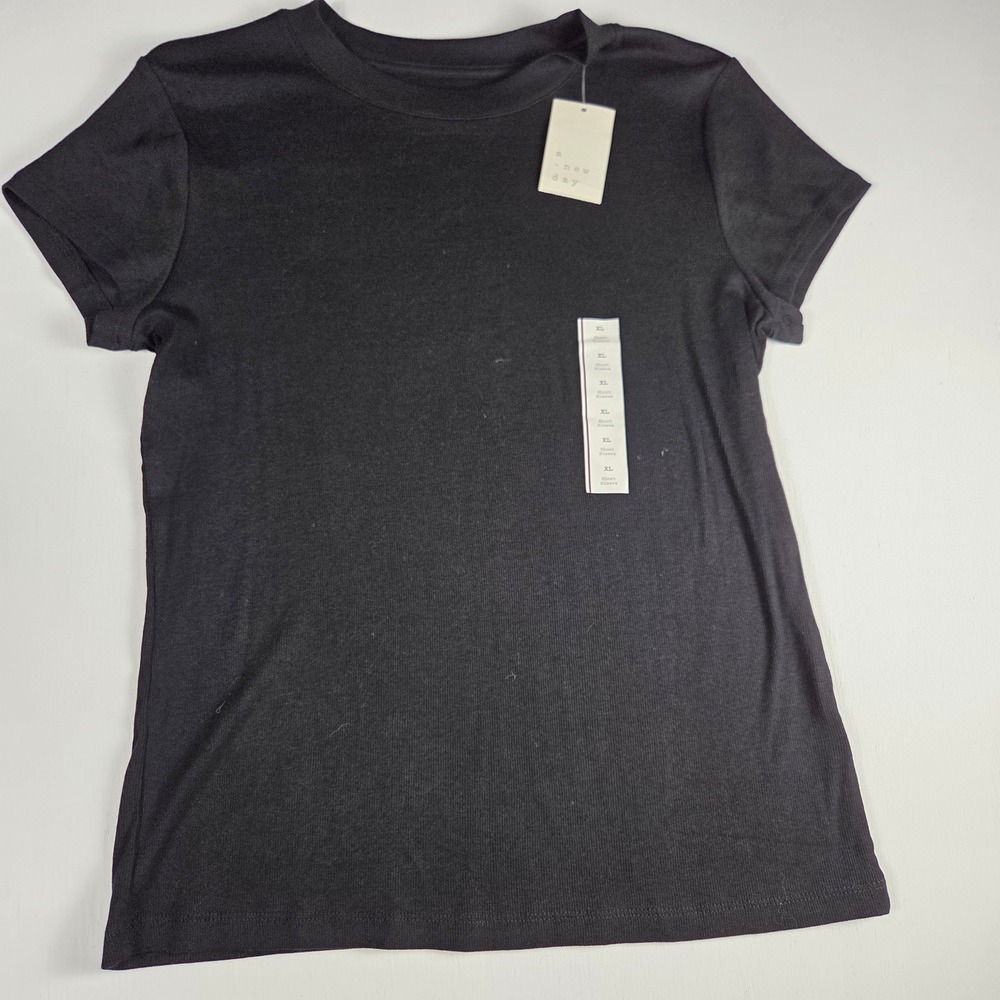A New Day Minimalist Black Ribbed Short Sleeve Crew Neck Tee Shirt XL NWT